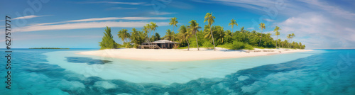 Panoramic view of a small island paradise with white sand, palm trees and crystal clear water. Generative AI