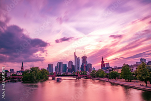 City at dusk with the pink sunset. Frankfurt at sunset 