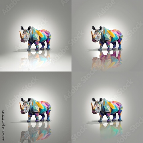 Colourfull rhinoceros is depicted in a low poly style. grey backorund. Generative ai photo