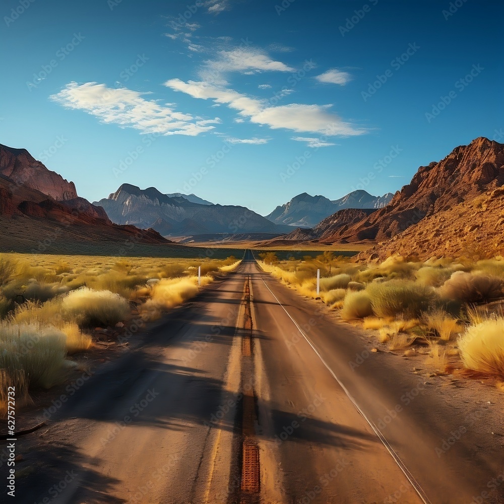 An open road disappearing into the horizon, capturing the sense of endless possibilities during the midpoint of a road trip generative ai