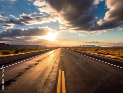 An open road disappearing into the horizon, capturing the sense of endless possibilities during the midpoint of a road trip generative ai © Generative Ai