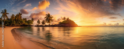 Panoramic view of a paradise beach at sunset. Generative AI © Farnaces