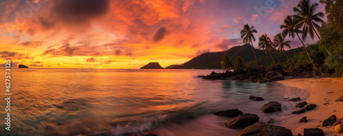 Panoramic view of a paradise beach at sunset. Generative AI