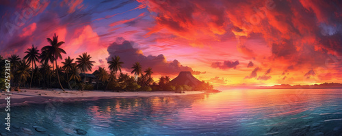 Panoramic view of a paradise beach at sunset. Generative AI © Farnaces