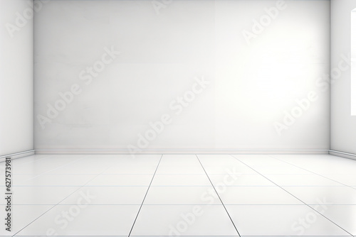Minimal interior empty room with blank wall and floor with natural sun light cast shadow of window, cozy tone style background, copy space for mock-up, with Generative Ai. © TANATPON