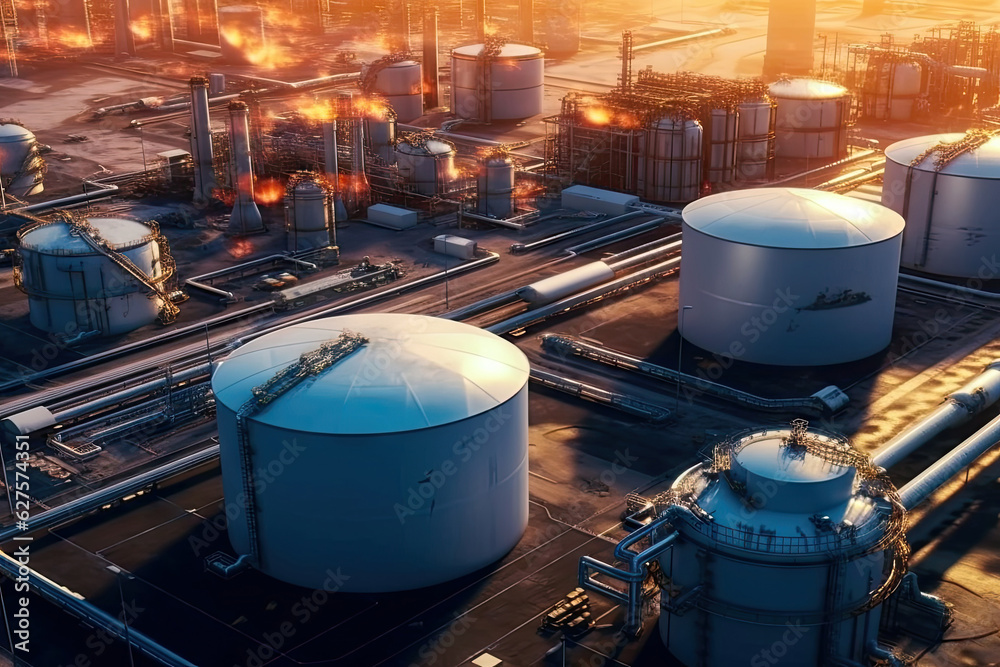 Aerial top view of factory station, oil fuel storage tank, petroleum refinery, manufactory, industrial process plant oil refinery for energy with Generative AI. Aerial top view of factory station, oil fuel storage tank, petroleum refinery, manufactory, industrial process plant oil refinery for energy with Generative AI.
