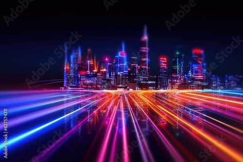 Speed light trails path through smart modern mega city and skyscrapers town with neon futuristic technology background  future virtual reality  motion effect  high speed light  with Generative Ai.