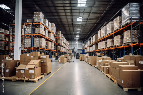 Interior of a modern warehouse. Large space for storing and moving goods. Logistics. Trade in the modern world. © Anoo