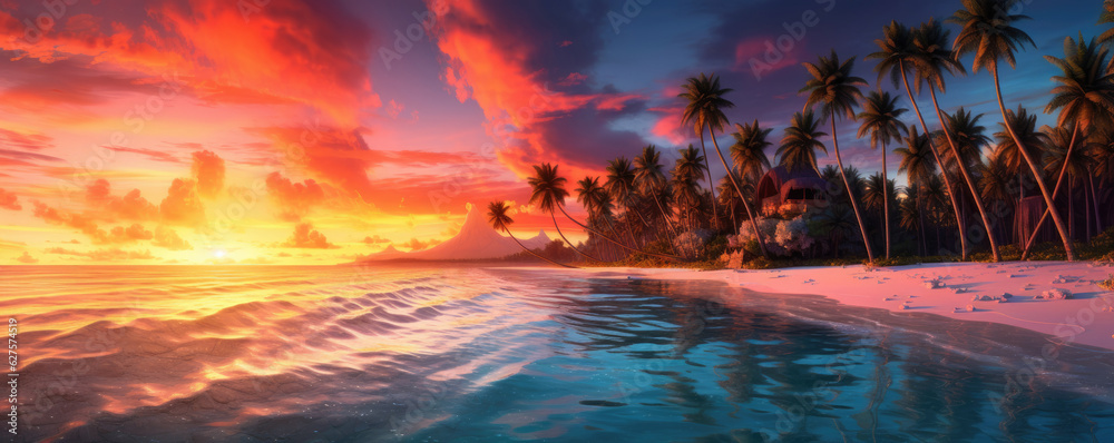 Panoramic view of a paradise beach at sunset. Generative AI