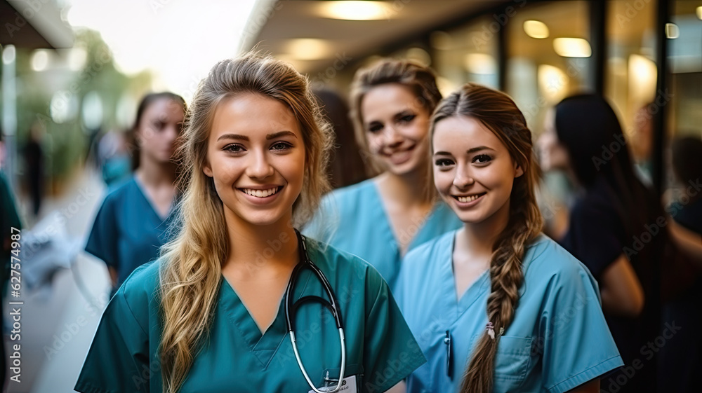 Portrait of a young nursing student standing with her team in hospital, dressed in scrubs, Doctor intern . High quality photo,generative ai