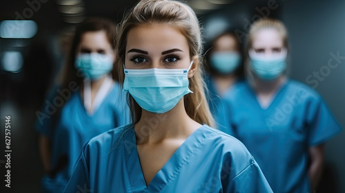 Portrait of a young nursing student standing with her team in hospital, dressed in scrubs, Doctor intern . High quality photo, generative ai