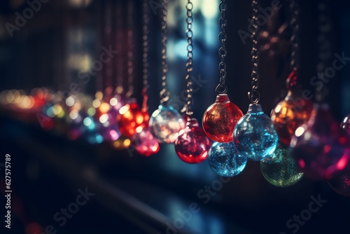 Glass Balls Hanging on Ribbon in a Bright Winter Holiday Composition, Festive Decor, Colorful Ornaments, Seasonal Decoration, Eye-Catching Design, Cheerful Atmosphere, Holiday Joy. Generative AI © Akash