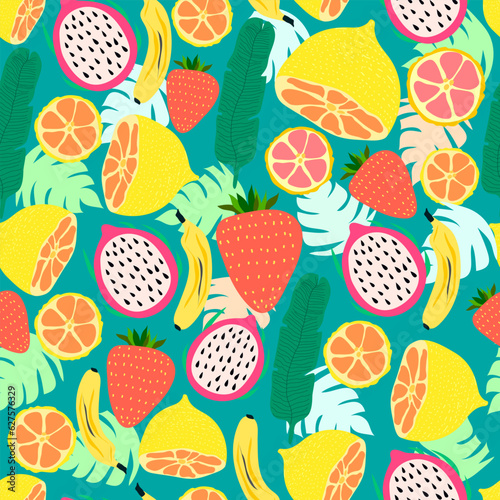 fruits collection and leaves seamless pattern. Strawberries, oranges, pitaya, banana leaves, slices seamless pattern