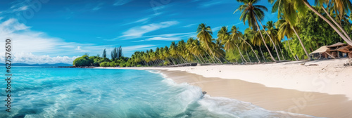 Panoramic view of a paradise beach with white sand  palm trees and crystal clear water. Generative AI