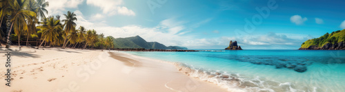 Panoramic view of a paradise beach with white sand, palm trees and crystal clear water. Generative AI