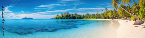 Panoramic view of a paradise beach with white sand, palm trees and crystal clear water. Generative AI © Farnaces