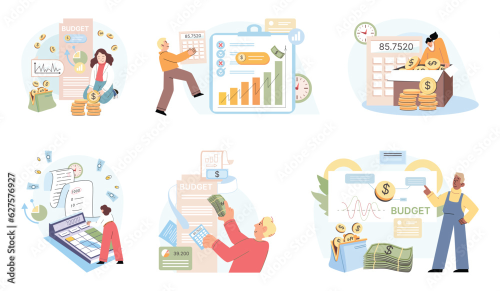 Set of people analyzing personal or corporate budget, cash revenue and costs . Concept of finance accounting and calculation of financial income and expenses report, assets, equity, earnings