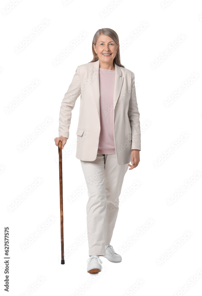 Senior woman with walking cane on white background Senior woman with walking cane on white background