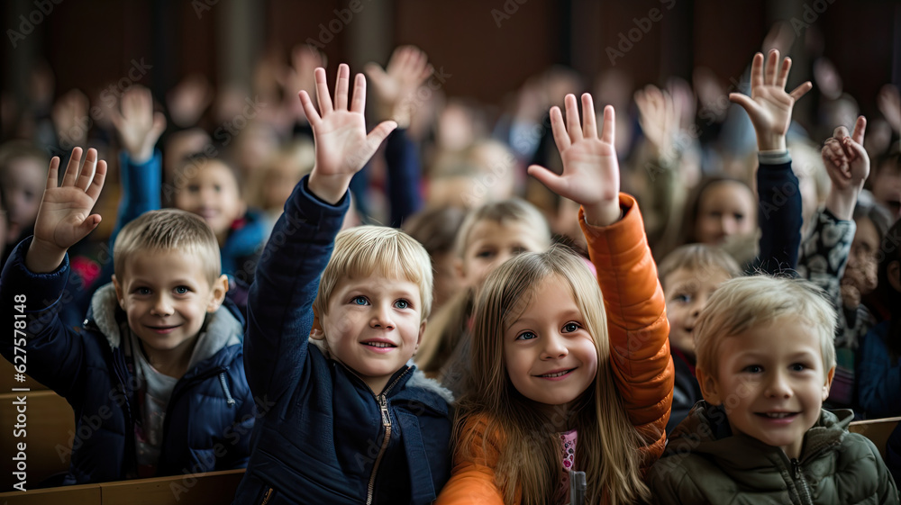 Fototapeta premium photograph of Pupils raising their hands during class at the elementary school,generative ai