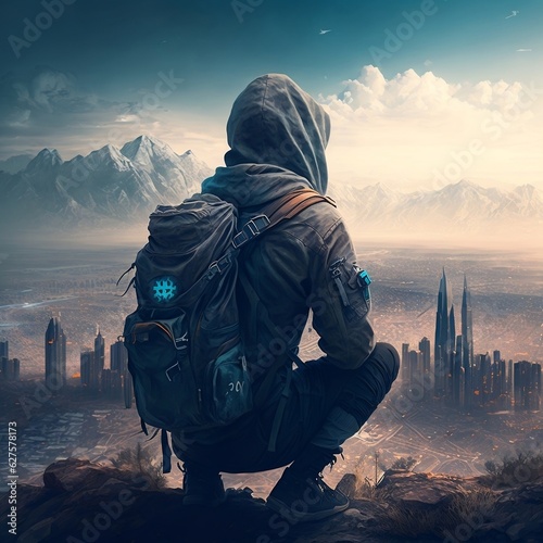 A backpacker gazing at a distant cityscape from a hilltop viewpoint generative ai