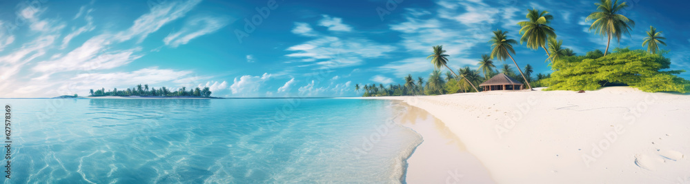 Fototapeta premium Panoramic view of a paradise beach with white sand, palm trees and crystal clear water. Generative AI