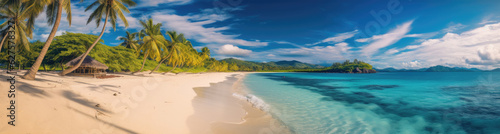 Panoramic view of a paradise beach with white sand, palm trees and crystal clear water. Generative AI