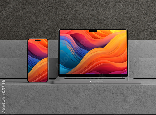 Photos smartphone and laptop mockup for branding and UI responsive screen