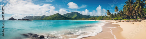 Panoramic view of a paradise beach with white sand, palm trees and crystal clear water. Generative AI