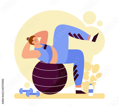 Sporty woman performing exercises on fitness ball in gym. Workout with sports equipment. Morning training and fitness time. Concept of doing workout. Vector flat illustration in blue and yellow colors