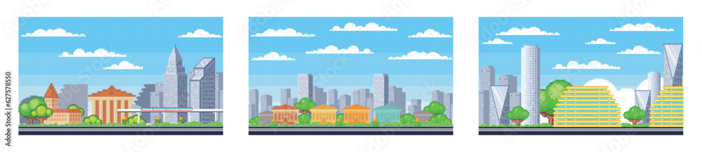 City buildings. Downtown pixelated cityscape set. Scenery skyline. Urban neighbourhood. Suburban town silhouette. Sky landscape. Modern architecture and park. Daytime panorama in pixel art style