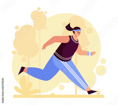 Young female in sporty clothes running in park. Time for scamper. Morning training and fitness time. Concept of doing workout. Vector flat illustration in blue and yellow colors