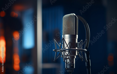 Side view of a radio microphone with studio background blur, lighting, and side blank space