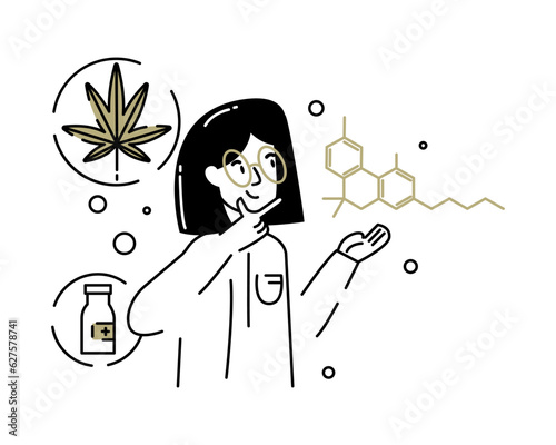 Lady in glasses and white coat looking at chemical formula, making medicine. Development of cosmetic products. Legalize cannabis for medical use concept. Flat line vector illustration in cartoon style