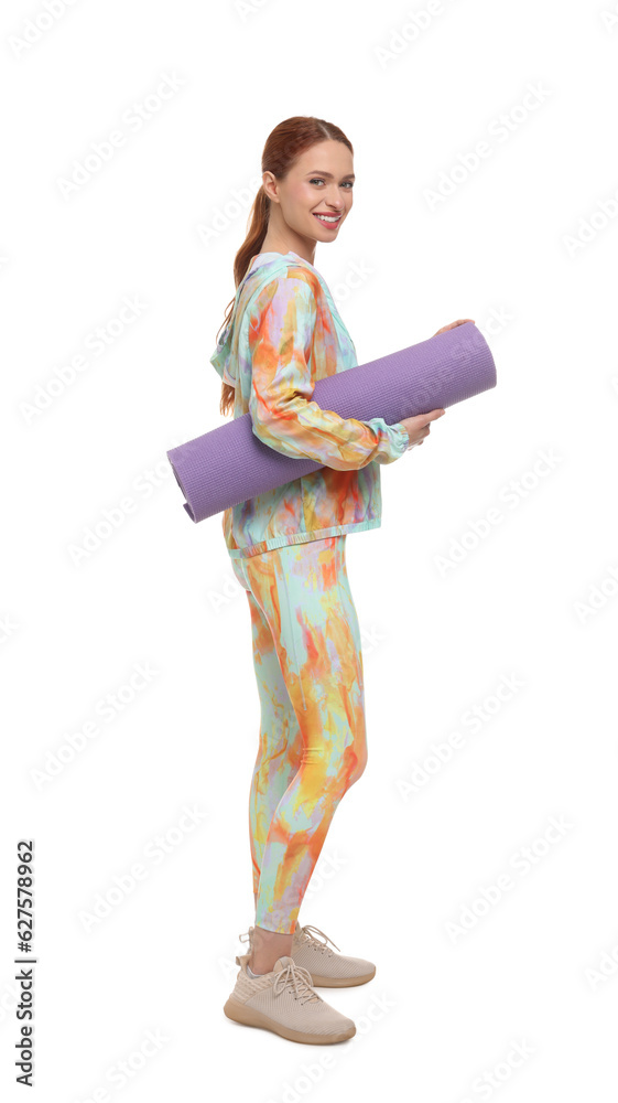 Young woman in sportswear with fitness mat on white background Young woman in sportswear with fitness mat on white background