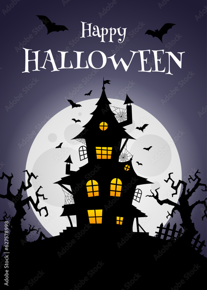 Haunted house, moon and bats. For Halloween poster, banner, cards.  Vector illustration.