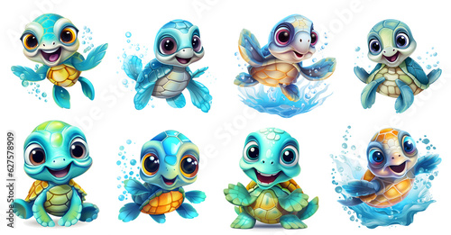 Fototapeta Naklejka Na Ścianę i Meble -  set of funny cartoon sea turtles, isolated background png, sea turtle watercolor, generated ai