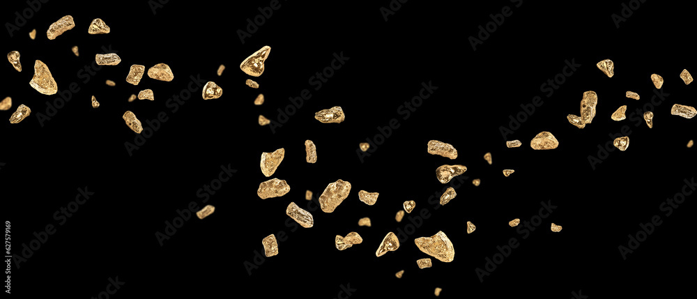 Many gold nuggets flying on black background
