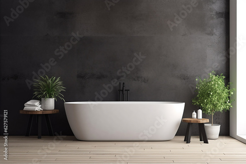 Interior of modern bathroom with black walls  wooden floor  comfortable white bathtub standing near the window and plants. 3d rendering