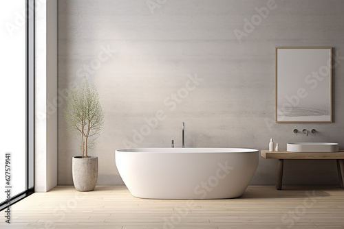 Interior of modern bathroom with white walls  wooden floor  comfortable white bathtub standing near the window and vertical mock up poster frame. 3d rendering