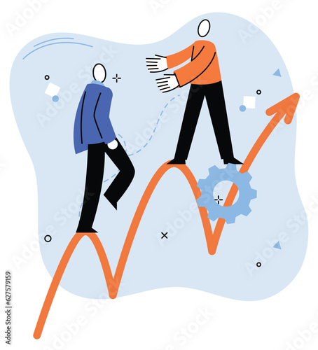 Team work, achievement in career, reaching aim, partnership in business, motivation and supporting with giving helping hand. Employees team members help each other to climb up to joint success