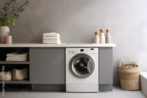 Laundry room interior with washing machine and towels. 3d rendering