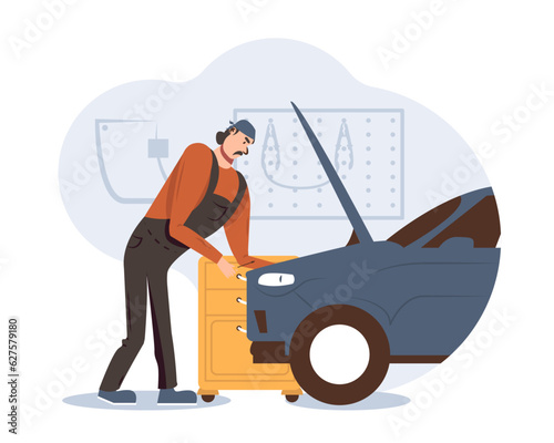 Processional mechanic standing near car with open hood and examine. Car repair and restoration in service center. Technic occupation. Flat vector illustration in cartoon style