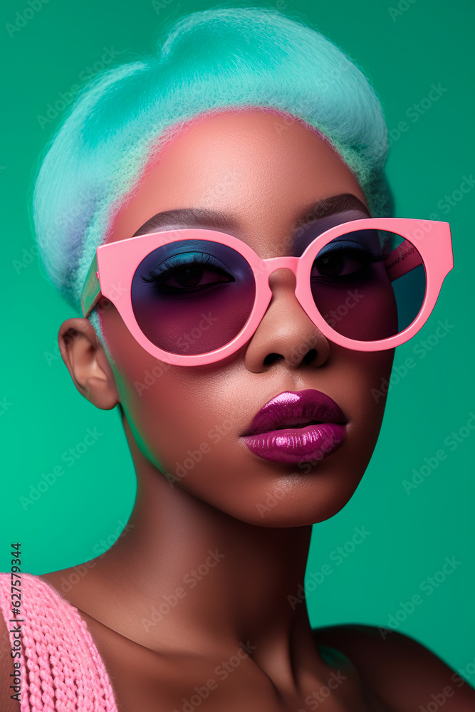 Close up profile of a young beautiful urban girl with fashionable sunglasses. Blue and pink colors are a must this fall season. Close up profile of a young beautiful urban girl with fashionable sunglasses. Blue and pink colors are a must this fall season.
