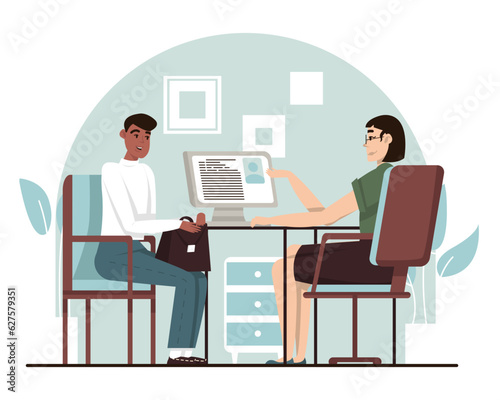 Female HR sitting at table with computer, reading CV of male and talking. Process of talking with candidates. Human resource management, hiring staff concept. Vector flat illustration in blue colors