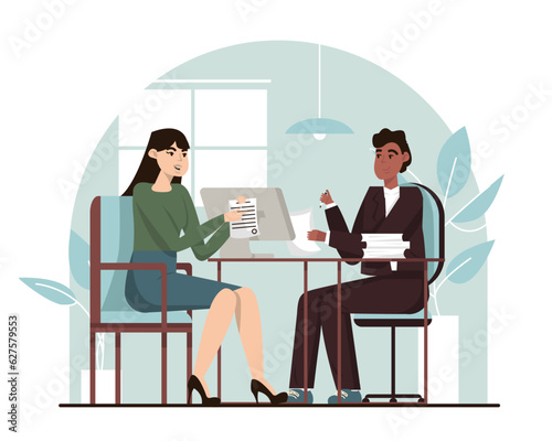 Young woman come to interview, holding CV and talking to HR. Process of talking with candidates. Human resource management, hiring staff concept. Vector flat illustration in blue colors