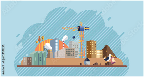 Industries that create pollution and cities that affected by pollution. Metaphor climate change, global warming and water crisis. Save the planet symbols. Environmental problem. Fire and oil pollution