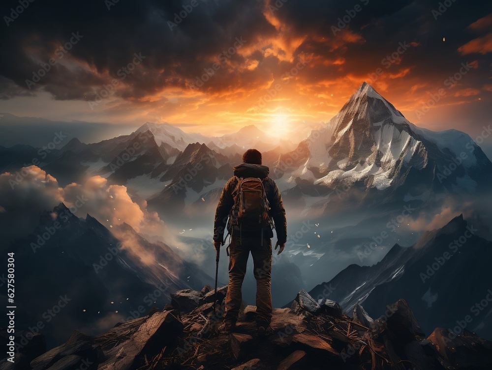 A hiker standing on a mountain peak, with a breathtaking sunset sky as the backdrop generative ai