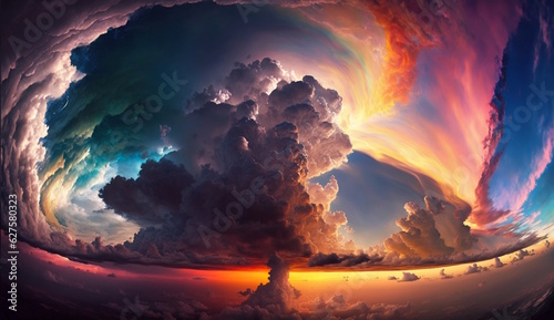 Vivid Cumulonimbus Clouds Amidst a Rainbow  Artistic Sunset Vista  High-Definition Panorama  Aerial Overlook of Earth  Wide Vision  Breathtaking Scenery. Generative AI