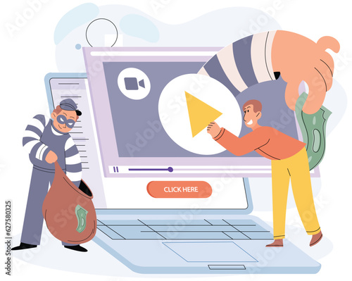 Criminal hacker holding bag with money, thief hacking on laptop screen stealing private information, cyber crime, theft of personal data password, credit card. Internet fraud concept. Hacking computer