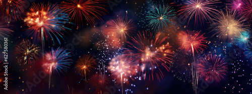 Fireworks in the night sky, new year wallpaper. AI